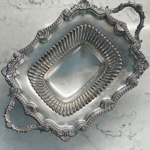 Antique 1800s Silver Plated Ornate Bread Cake Serving Georgian Scalloped Handles